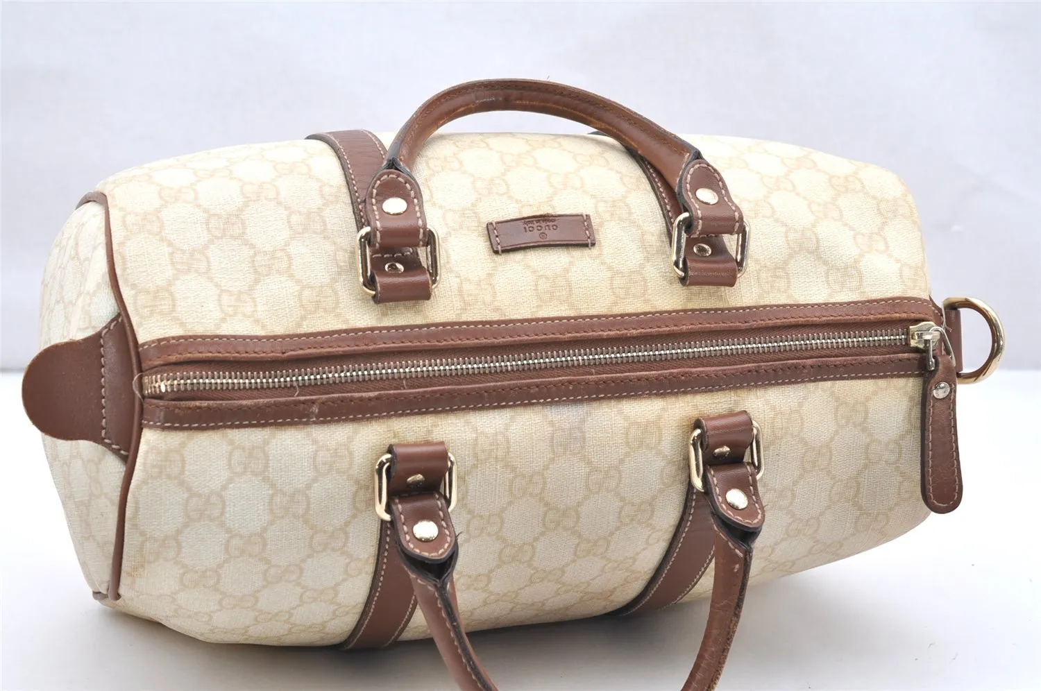 Authentic GUCCI Vintage Hand Boston Bag GG PVC Leather 193603 Beige 2785K