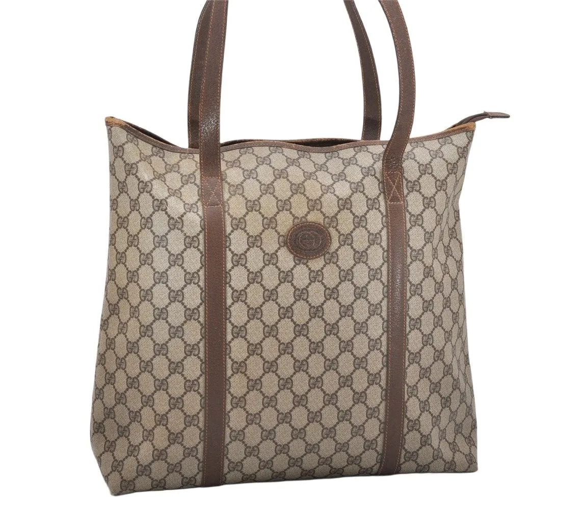 Authentic GUCCI Vintage Shoulder Tote Bag GG PVC Leather Brown 5115K
