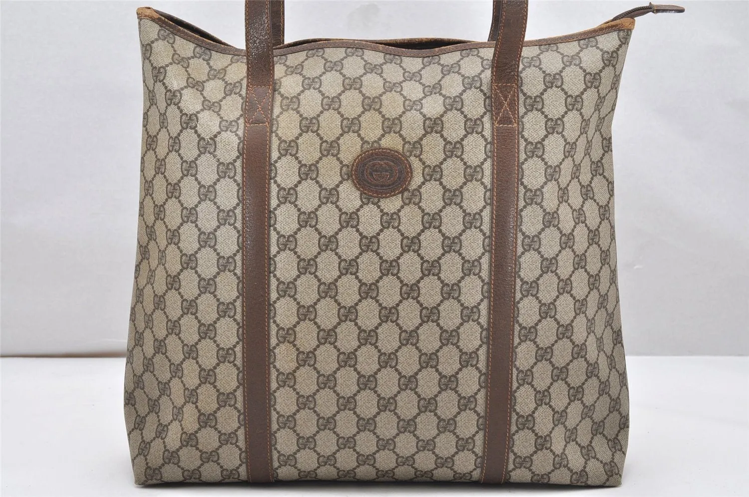 Authentic GUCCI Vintage Shoulder Tote Bag GG PVC Leather Brown 5115K