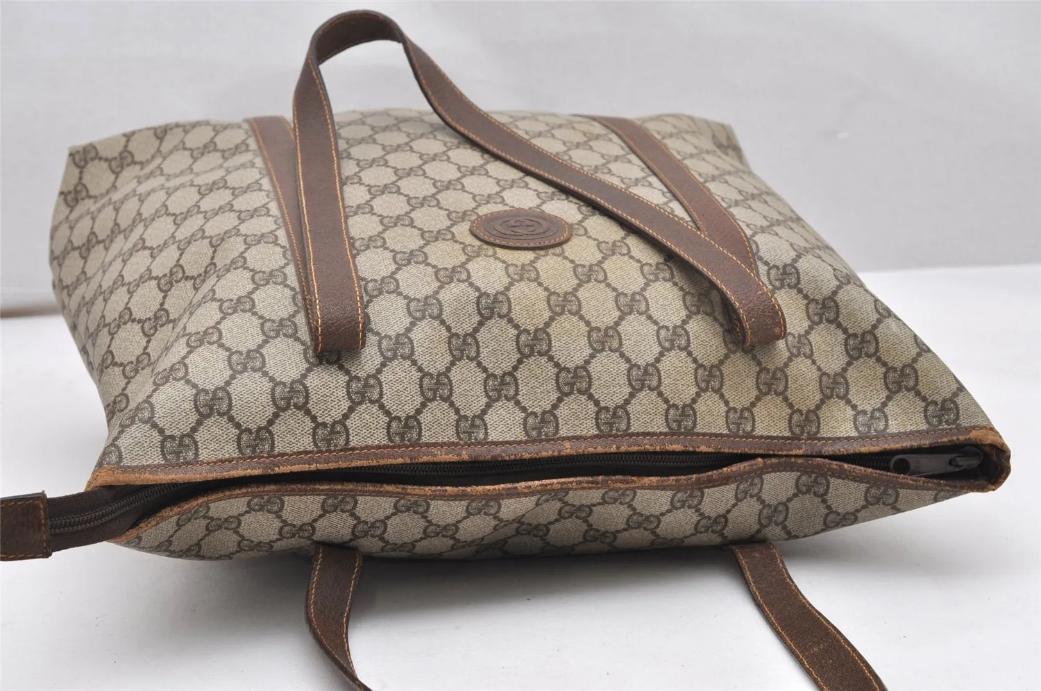 Authentic GUCCI Vintage Shoulder Tote Bag GG PVC Leather Brown 5115K