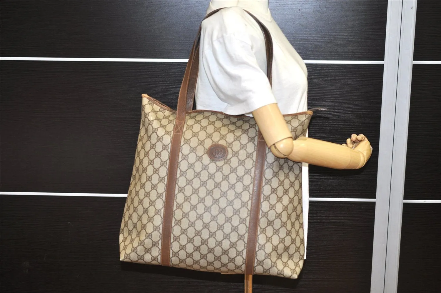 Authentic GUCCI Vintage Shoulder Tote Bag GG PVC Leather Brown 5115K