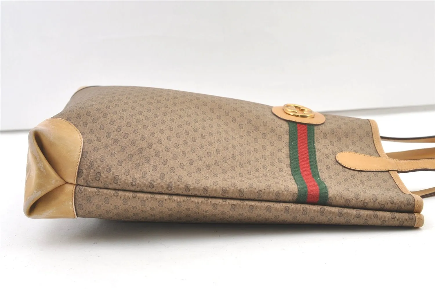 Authentic GUCCI Web Sherry Line Micro GG PVC Leather Tote Bag Brown 1072K