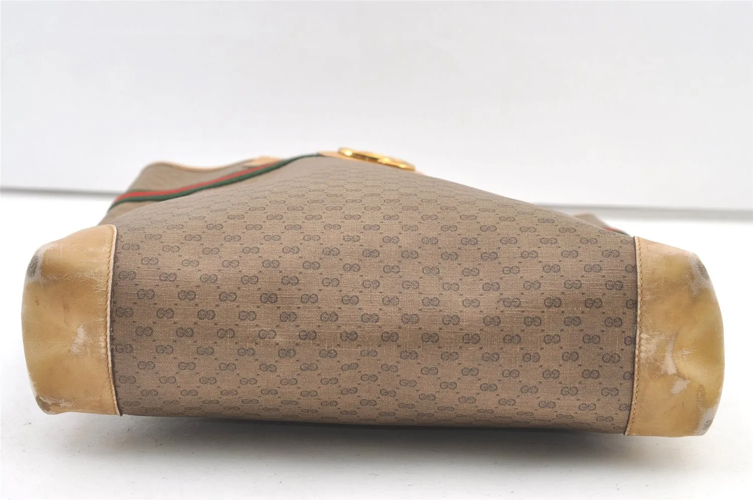 Authentic GUCCI Web Sherry Line Micro GG PVC Leather Tote Bag Brown 1072K