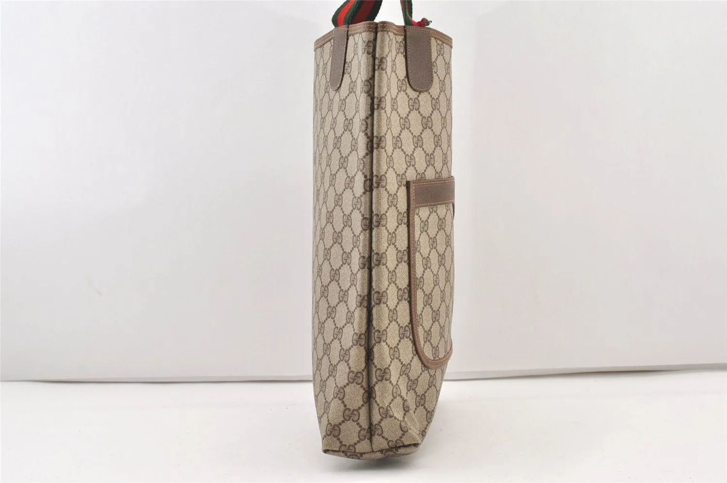 Authentic GUCCI Web Sherry Line Shoulder Tote Bag GG PVC Leather Brown 2884J