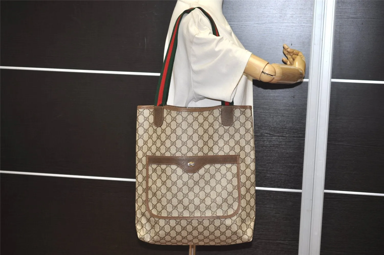 Authentic GUCCI Web Sherry Line Shoulder Tote Bag GG PVC Leather Brown 2884J