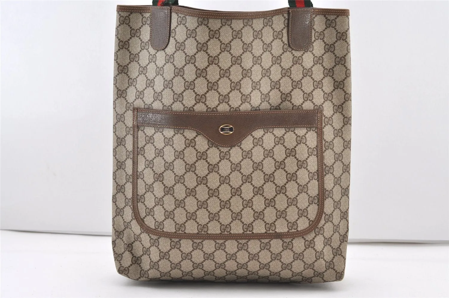 Authentic GUCCI Web Sherry Line Shoulder Tote Bag GG PVC Leather Brown 2884J