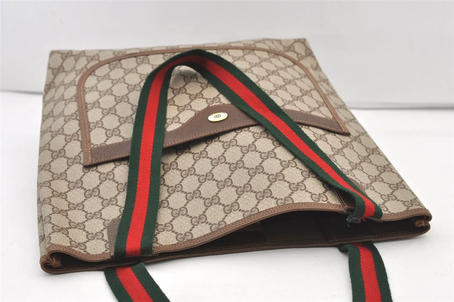 Authentic GUCCI Web Sherry Line Shoulder Tote Bag GG PVC Leather Brown 2884J