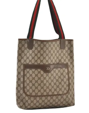 Authentic GUCCI Web Sherry Line Shoulder Tote Bag GG PVC Leather Brown 2884J
