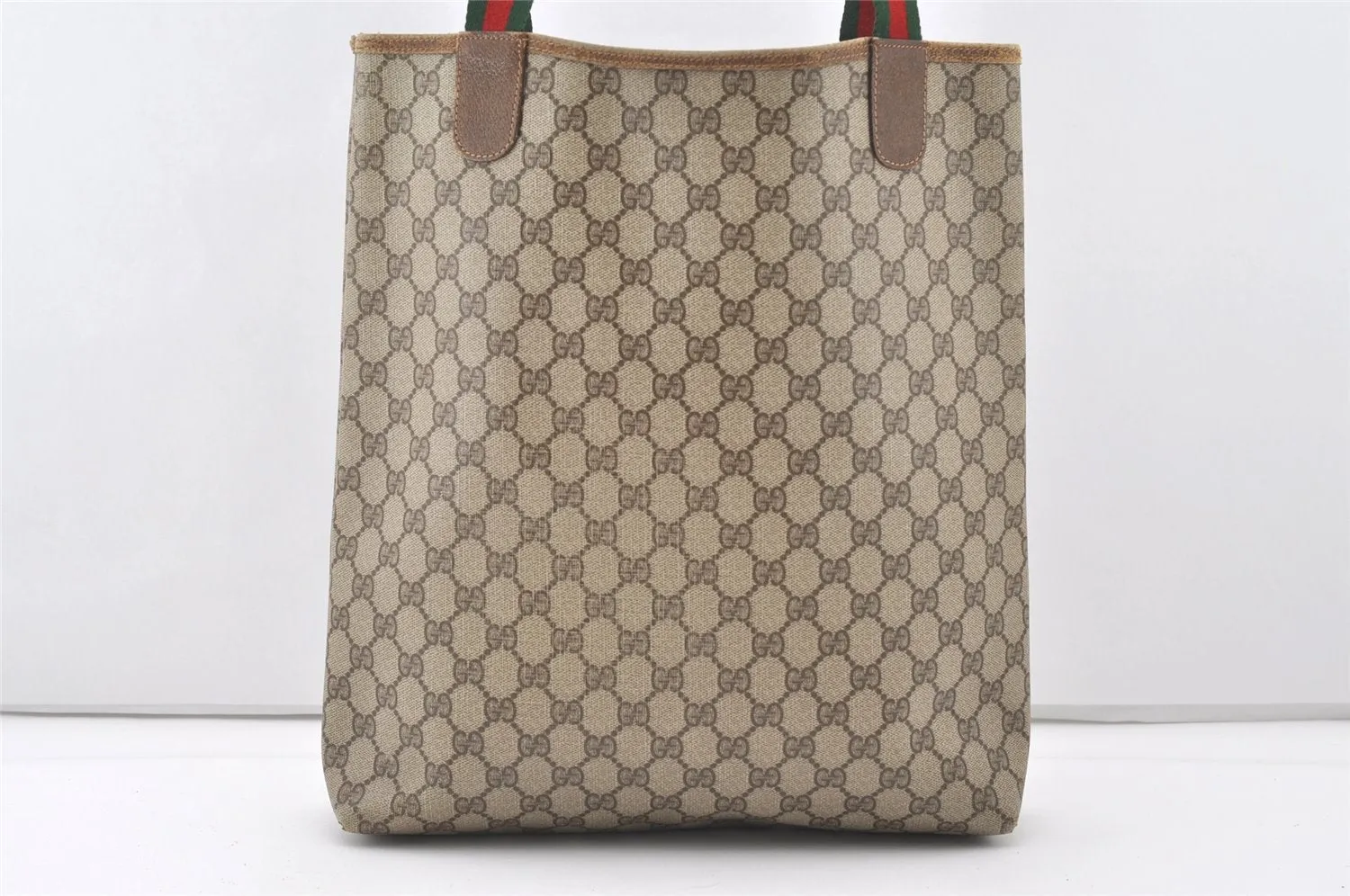 Authentic GUCCI Web Sherry Line Shoulder Tote Bag GG PVC Leather Brown 7978J