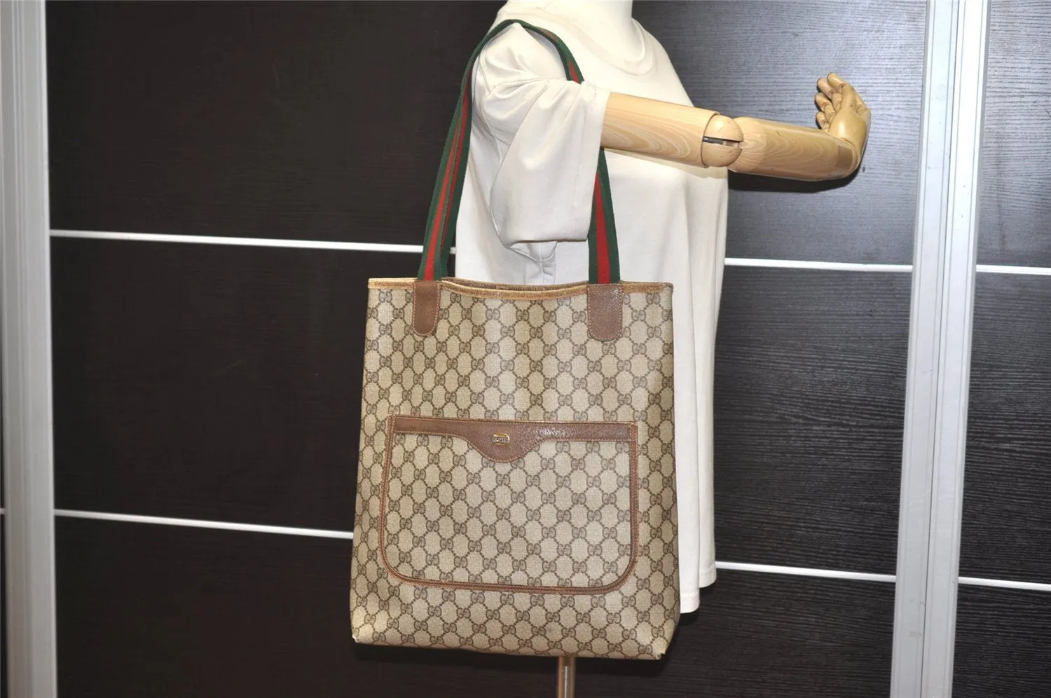 Authentic GUCCI Web Sherry Line Shoulder Tote Bag GG PVC Leather Brown 7978J