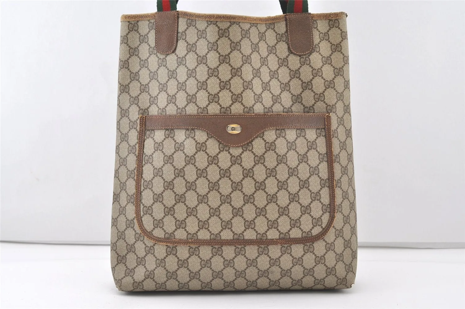 Authentic GUCCI Web Sherry Line Shoulder Tote Bag GG PVC Leather Brown 7978J