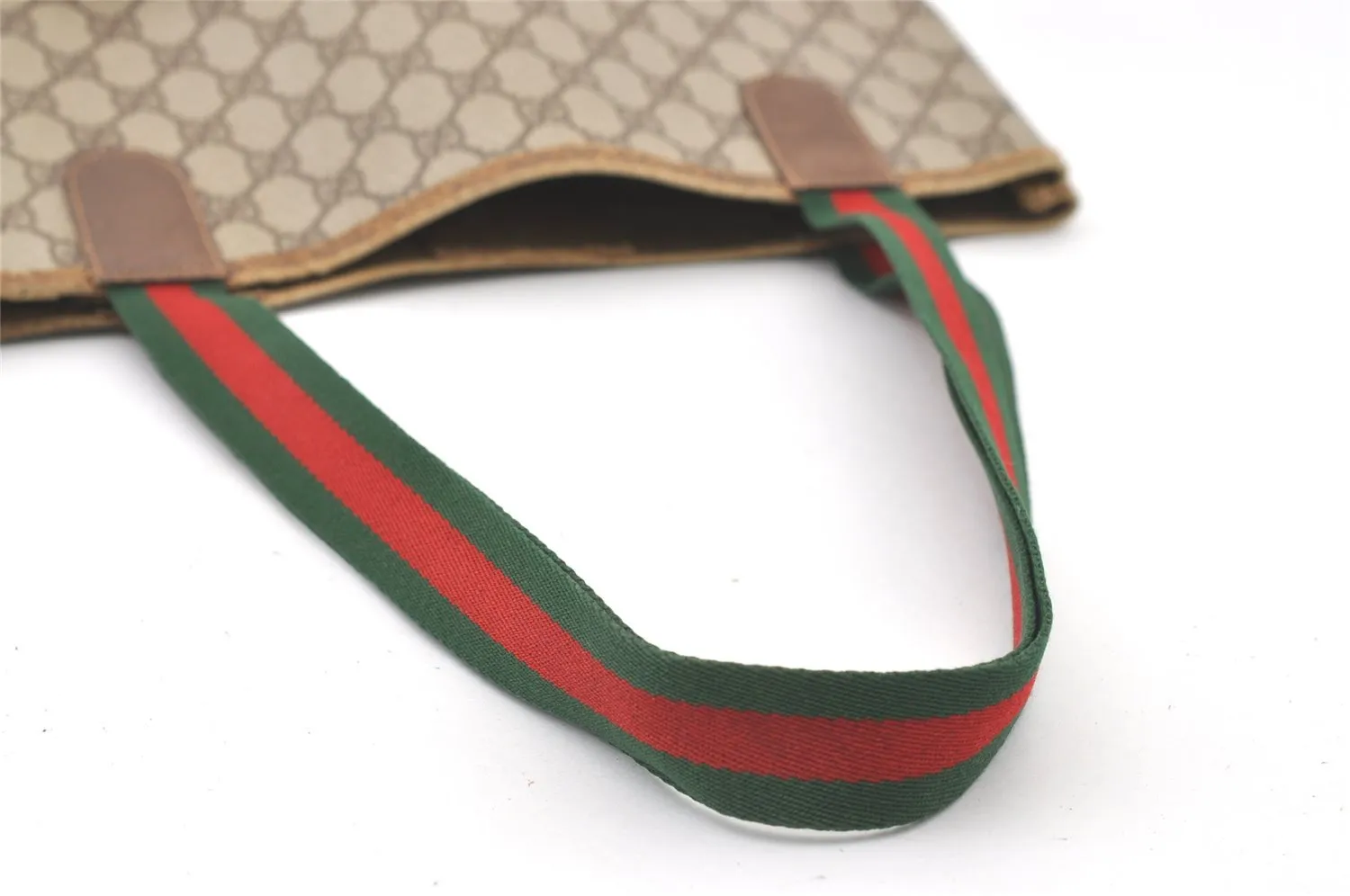 Authentic GUCCI Web Sherry Line Shoulder Tote Bag GG PVC Leather Brown 7978J