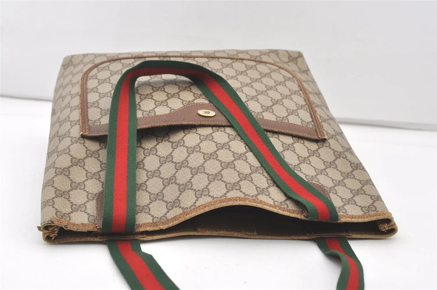 Authentic GUCCI Web Sherry Line Shoulder Tote Bag GG PVC Leather Brown 7978J