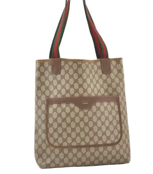Authentic GUCCI Web Sherry Line Shoulder Tote Bag GG PVC Leather Brown 7978J