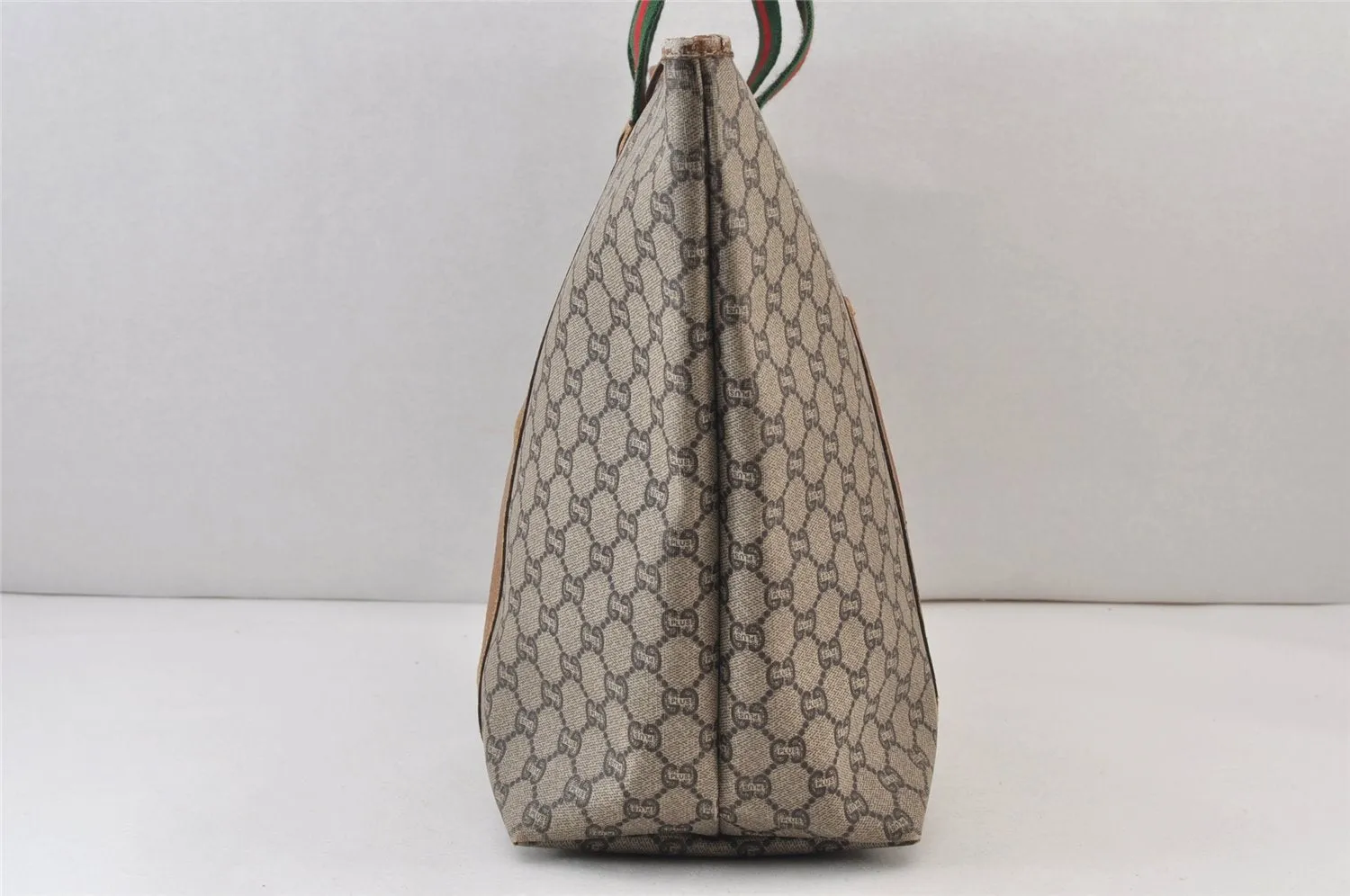 Authentic GUCCI Web Sherry Line Vintage GG Plus PVC Leather Tote Bag Brown 0956K