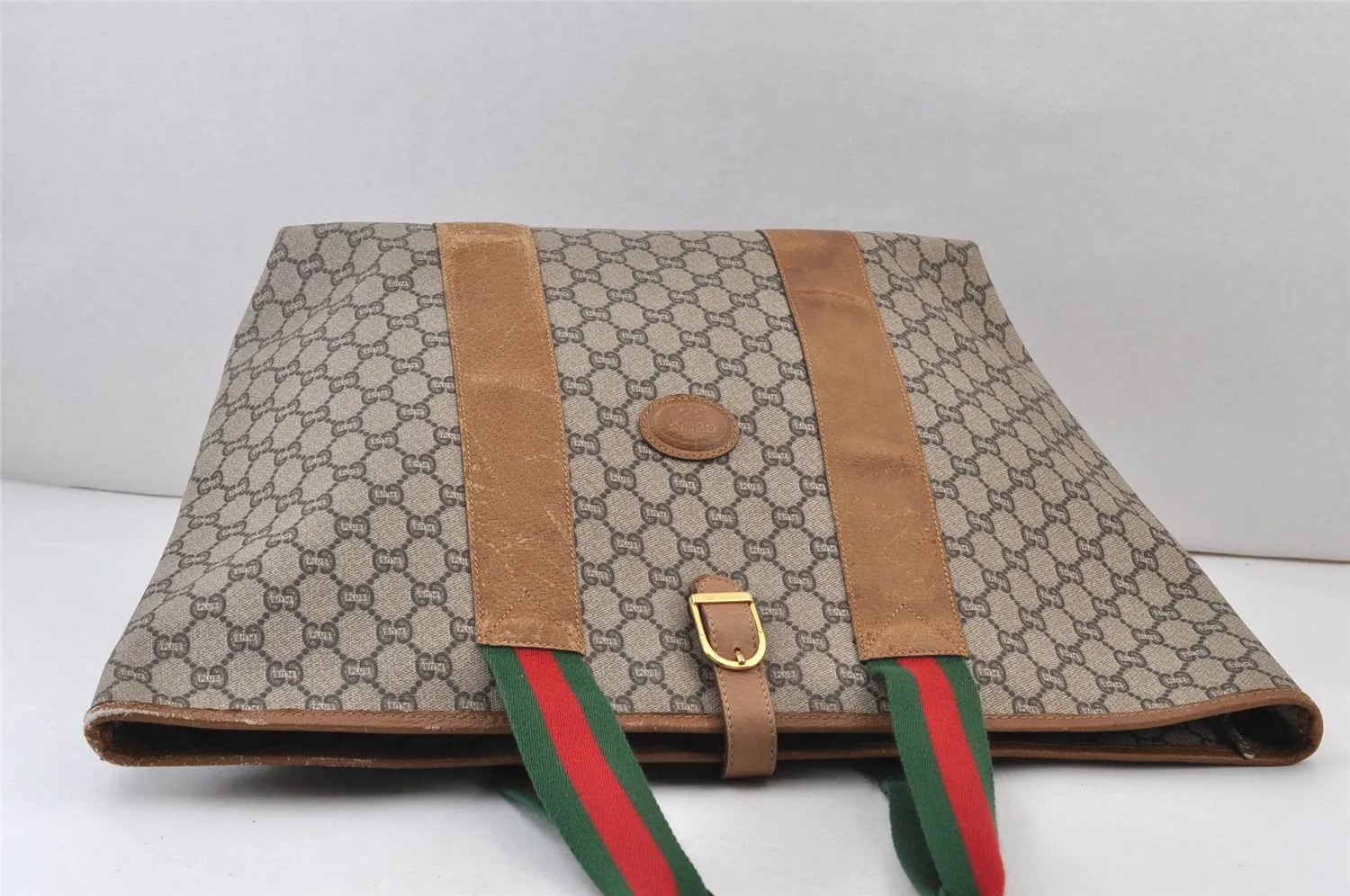 Authentic GUCCI Web Sherry Line Vintage GG Plus PVC Leather Tote Bag Brown 0956K