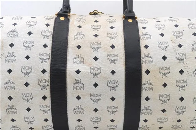 Authentic MCM Visetos Leather Vintage 2Way Travel Boston Hand Bag White 7914C