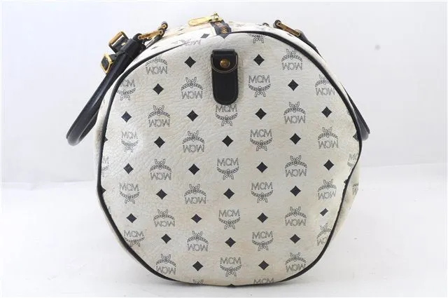 Authentic MCM Visetos Leather Vintage 2Way Travel Boston Hand Bag White 7914C