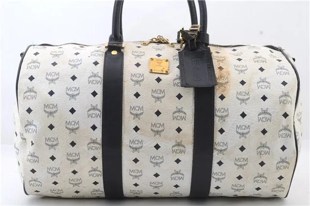 Authentic MCM Visetos Leather Vintage 2Way Travel Boston Hand Bag White 7914C