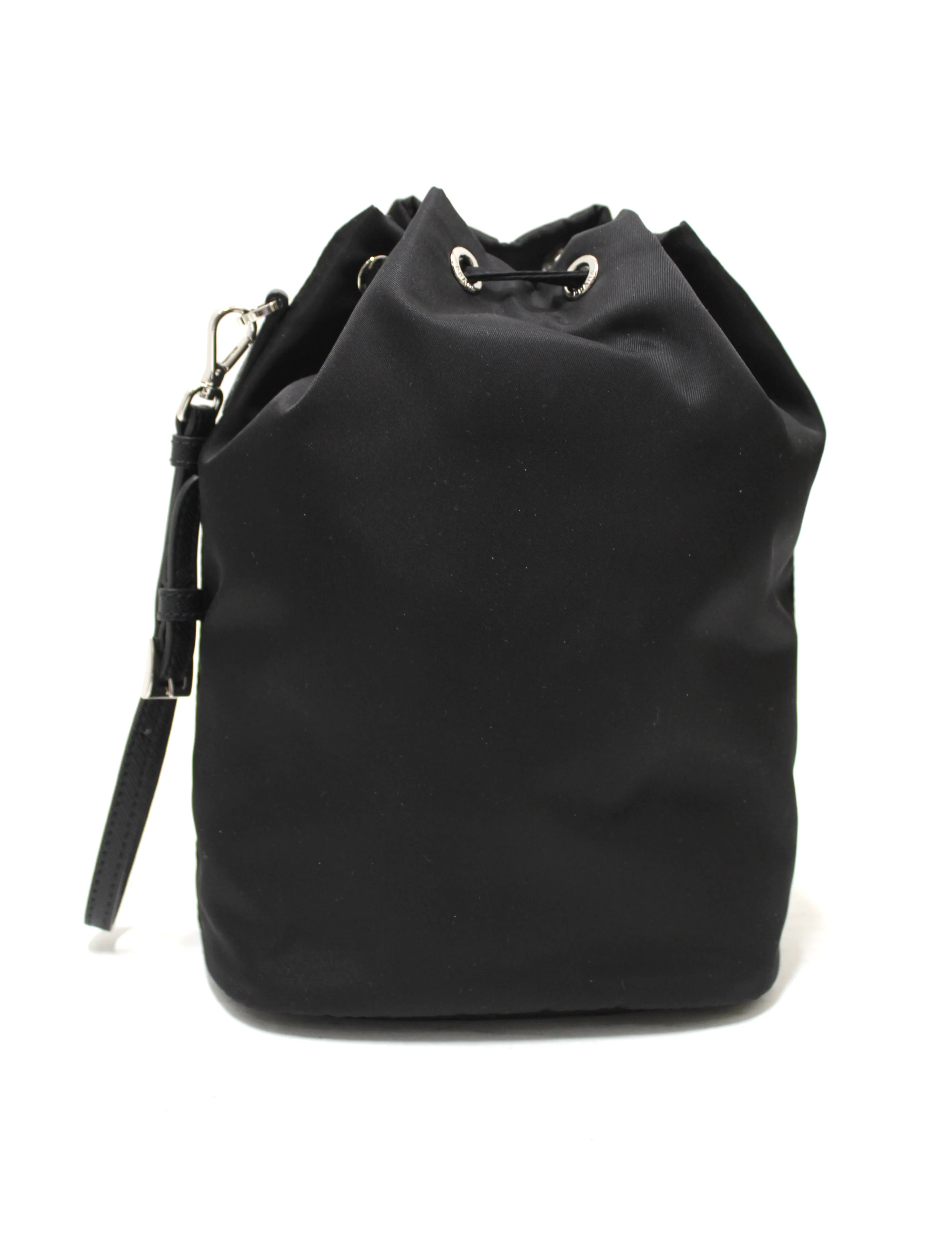 Authentic New Prada Black Nylon Drawstring Wristlet Pouch with Metal Appliques