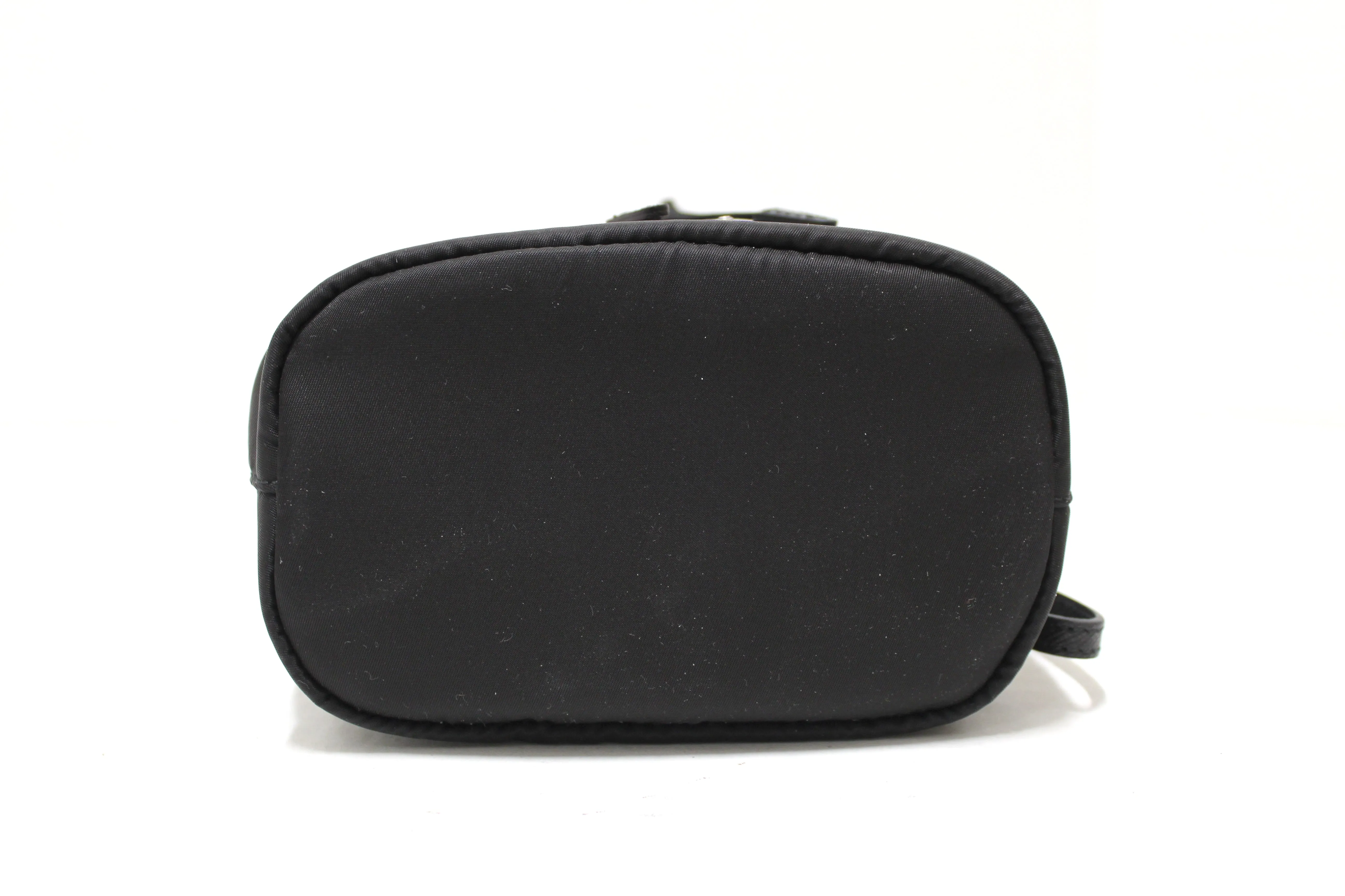 Authentic New Prada Black Nylon Drawstring Wristlet Pouch with Metal Appliques