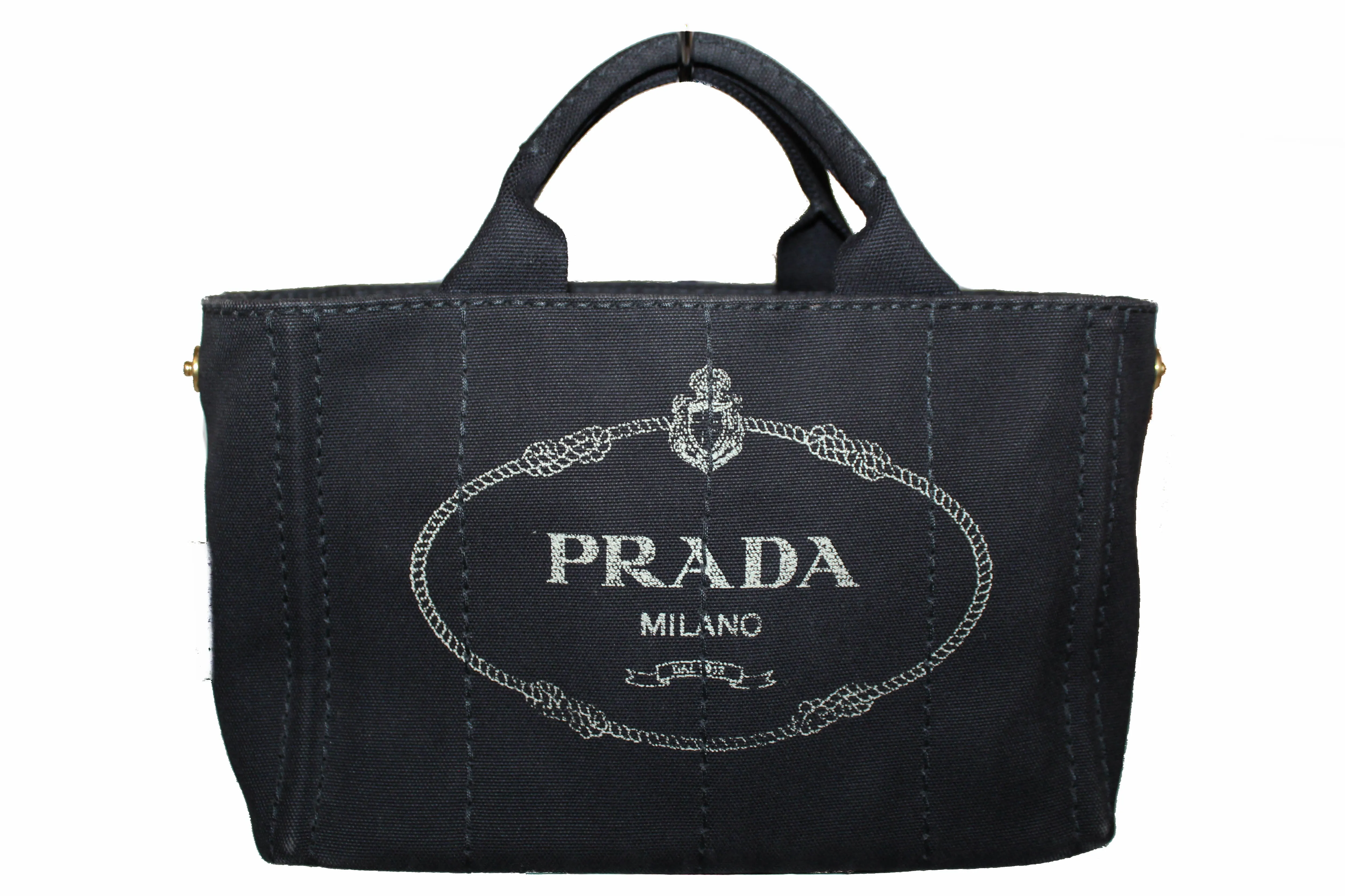 Authentic Prada Black Small Canapa Fabric Printed Tote Handbag