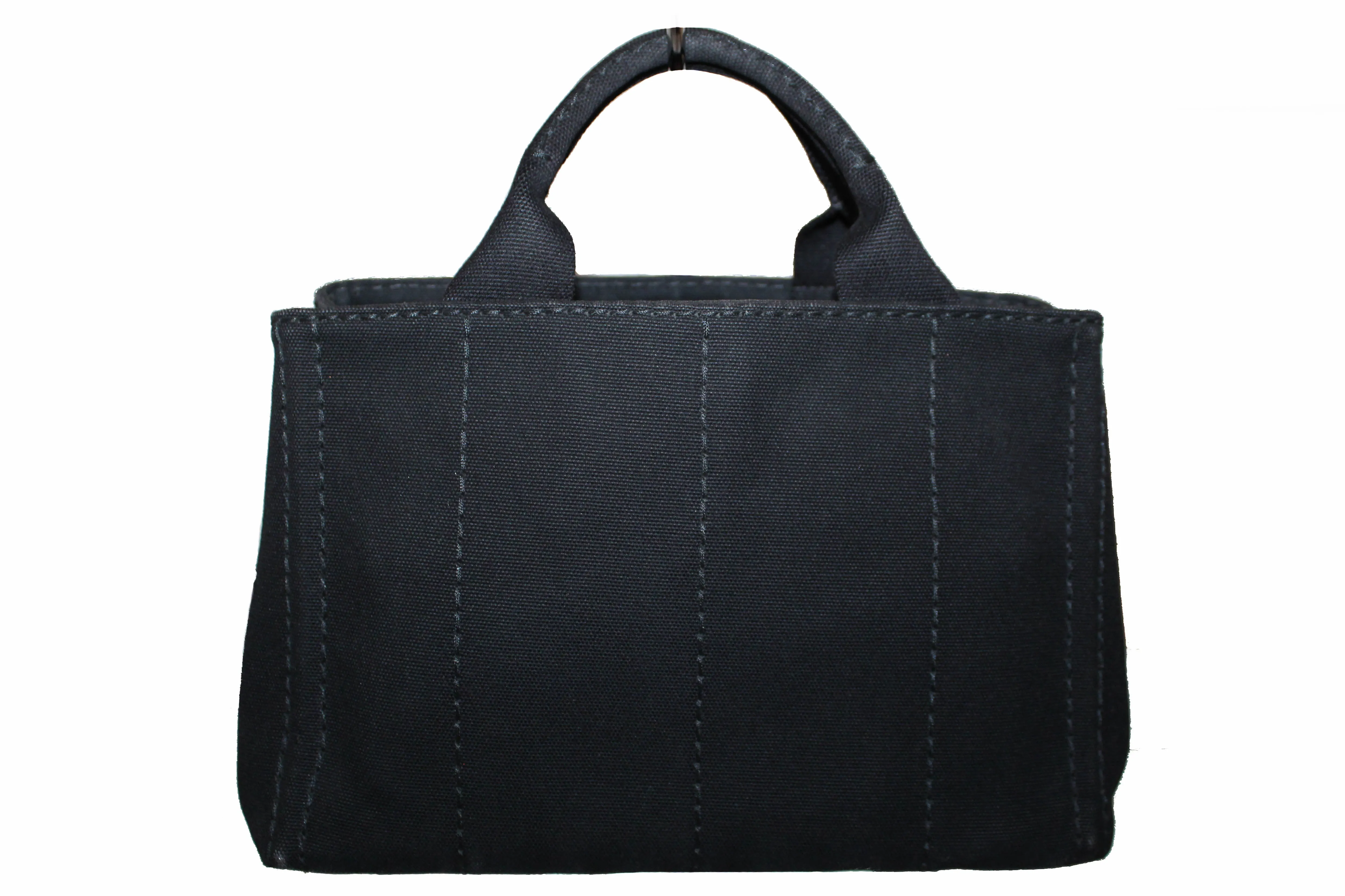 Authentic Prada Black Small Canapa Fabric Printed Tote Handbag