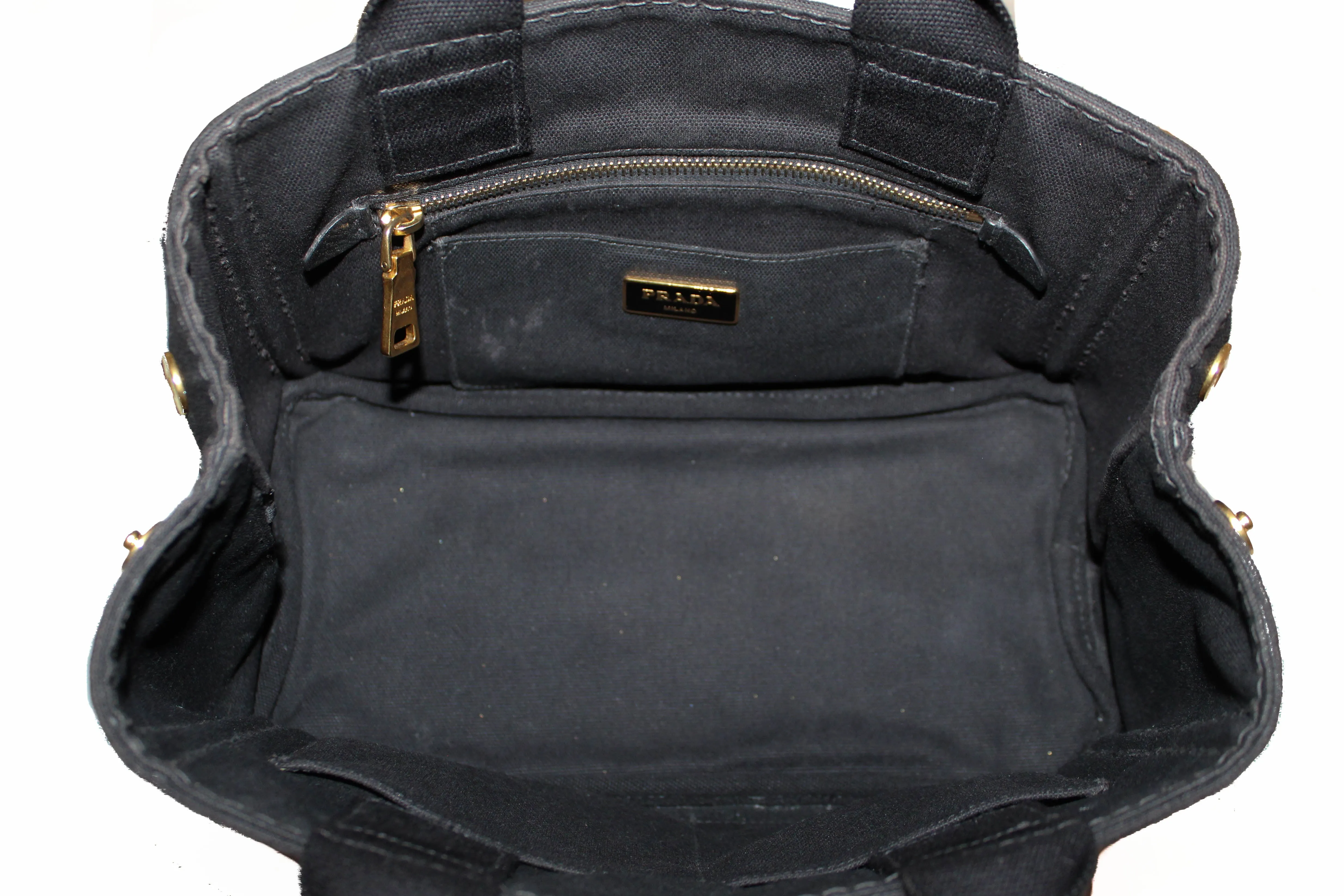 Authentic Prada Black Small Canapa Fabric Printed Tote Handbag