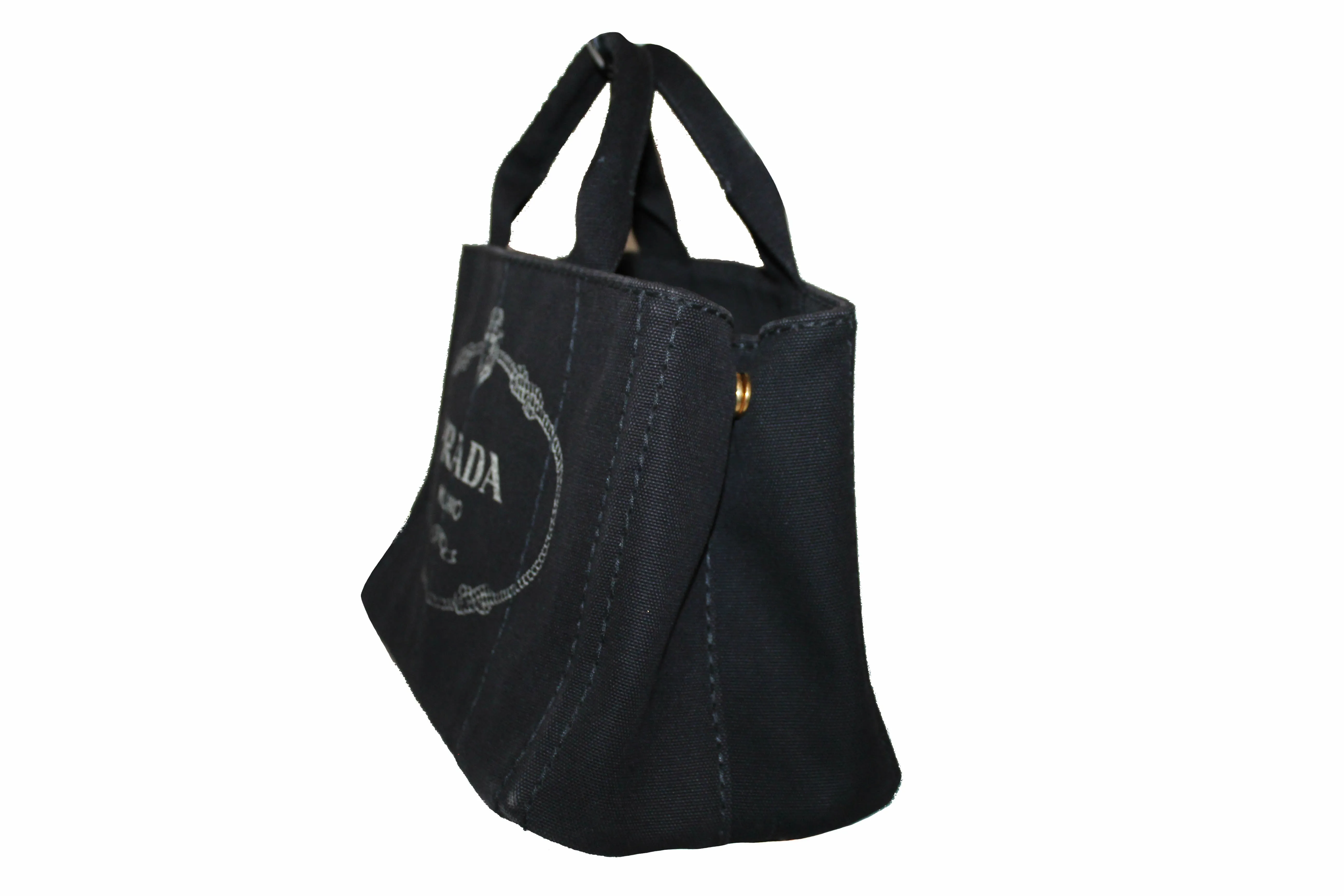 Authentic Prada Black Small Canapa Fabric Printed Tote Handbag