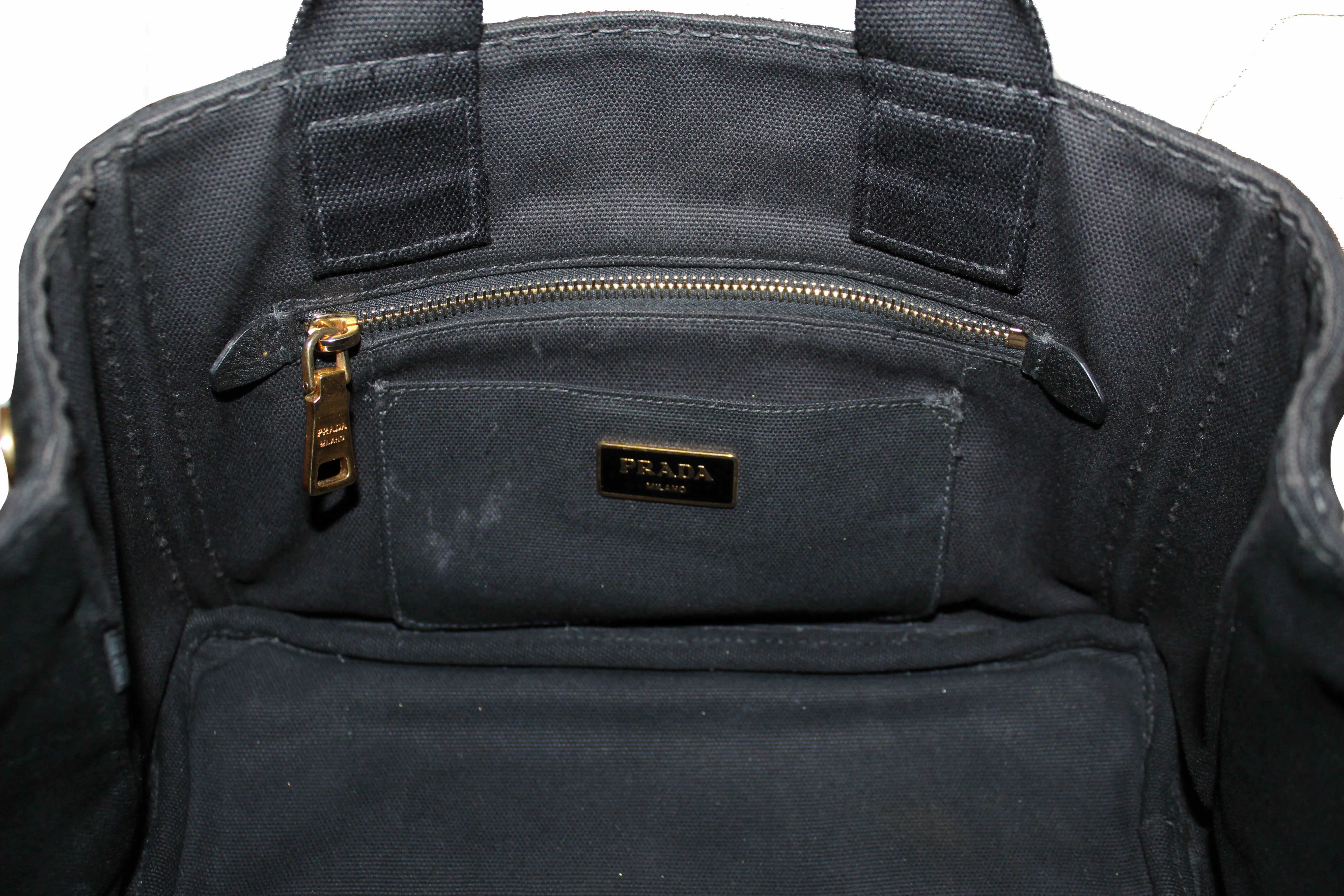 Authentic Prada Black Small Canapa Fabric Printed Tote Handbag