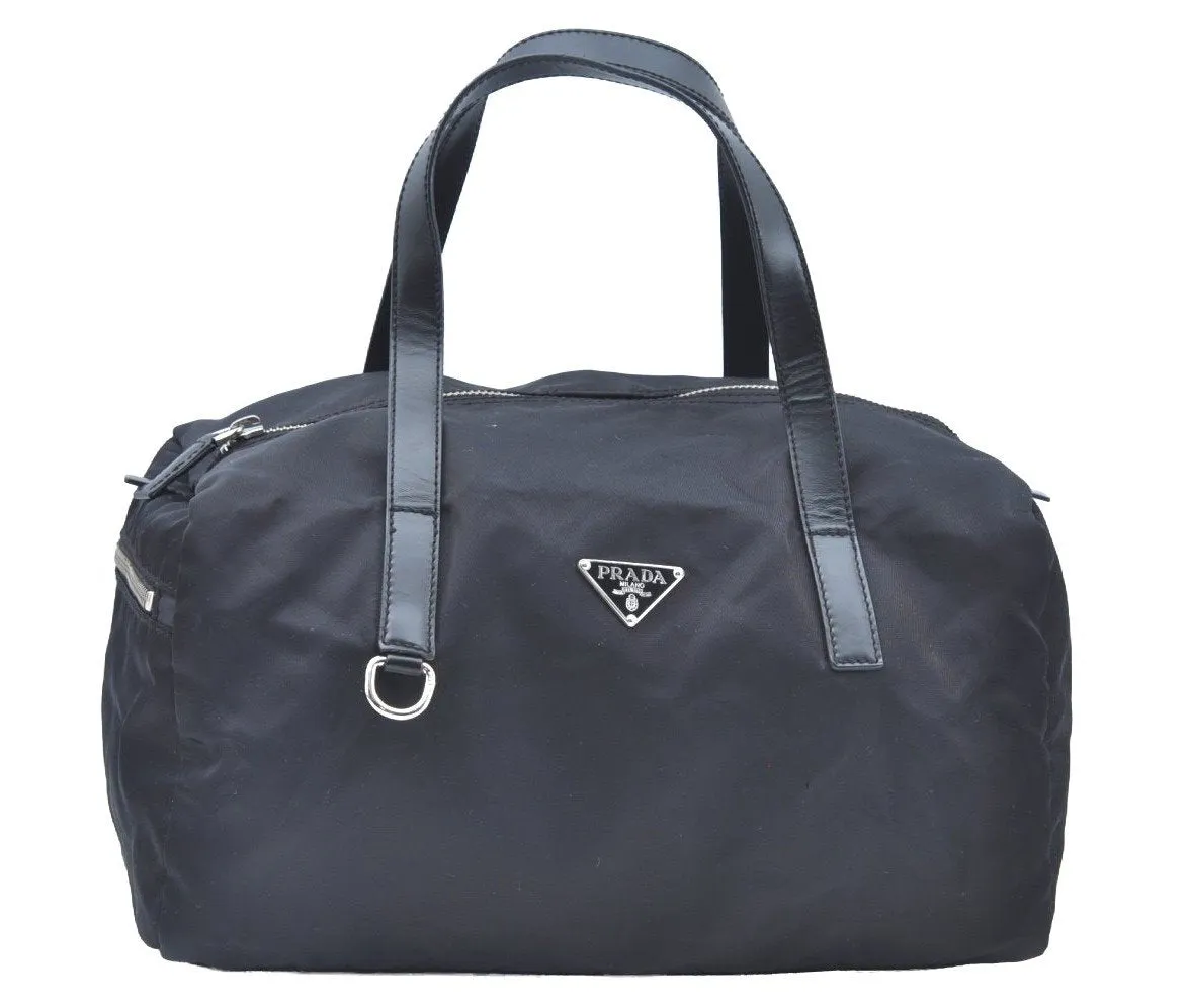 Authentic PRADA Vintage Nylon Tessuto Leather Hand Boston Bag Black 7592G