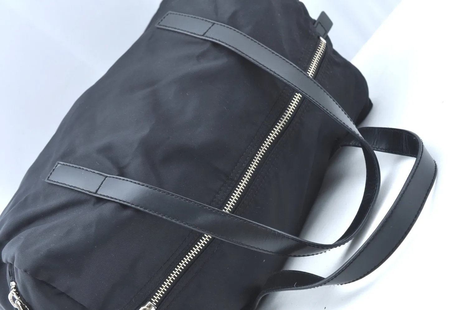 Authentic PRADA Vintage Nylon Tessuto Leather Hand Boston Bag Black 7592G