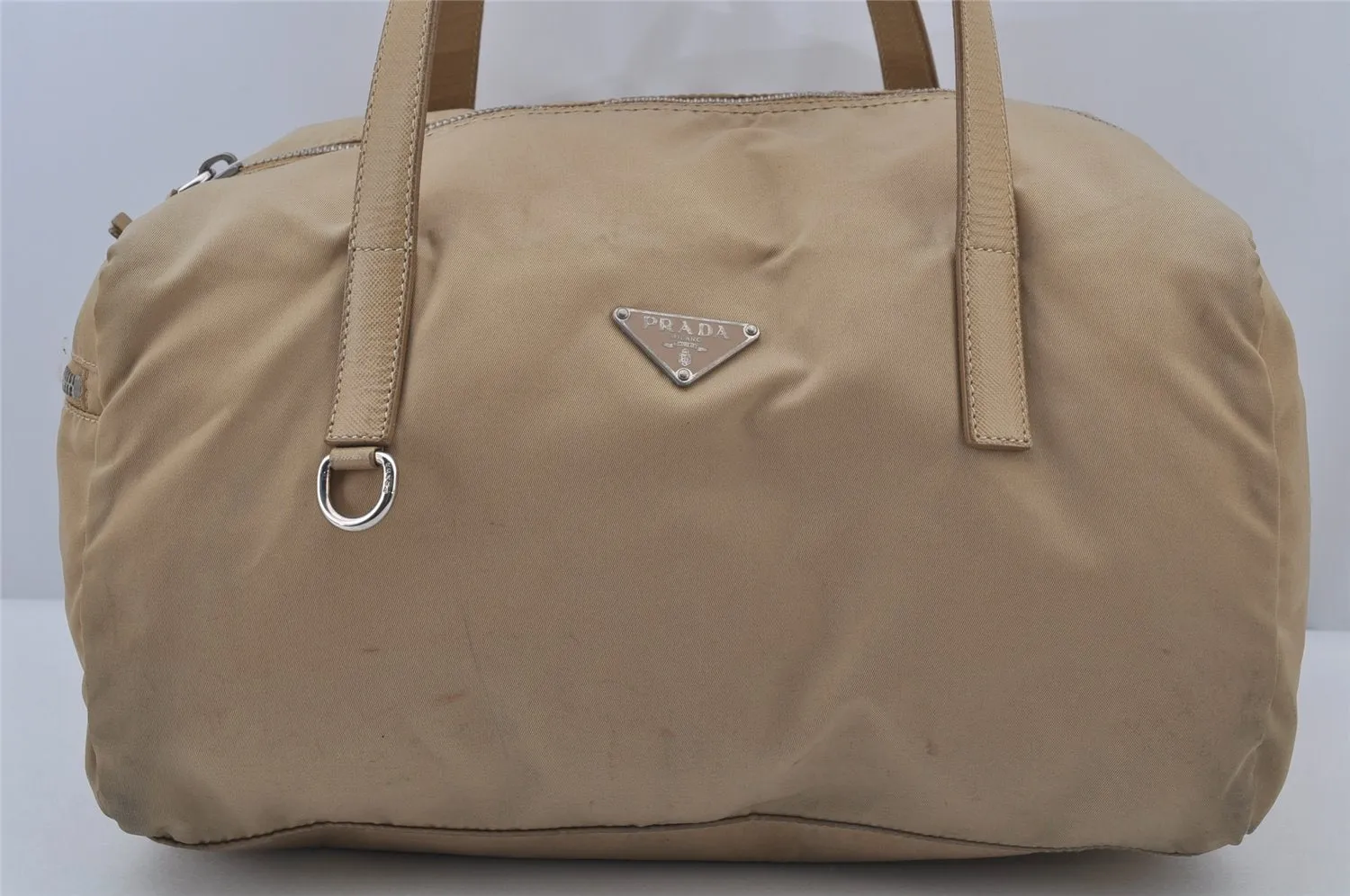 Authentic PRADA Vintage Nylon Tessuto Leather Hand Boston Bag Purse Beige 7744J