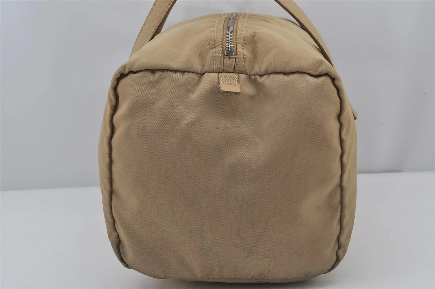 Authentic PRADA Vintage Nylon Tessuto Leather Hand Boston Bag Purse Beige 7744J