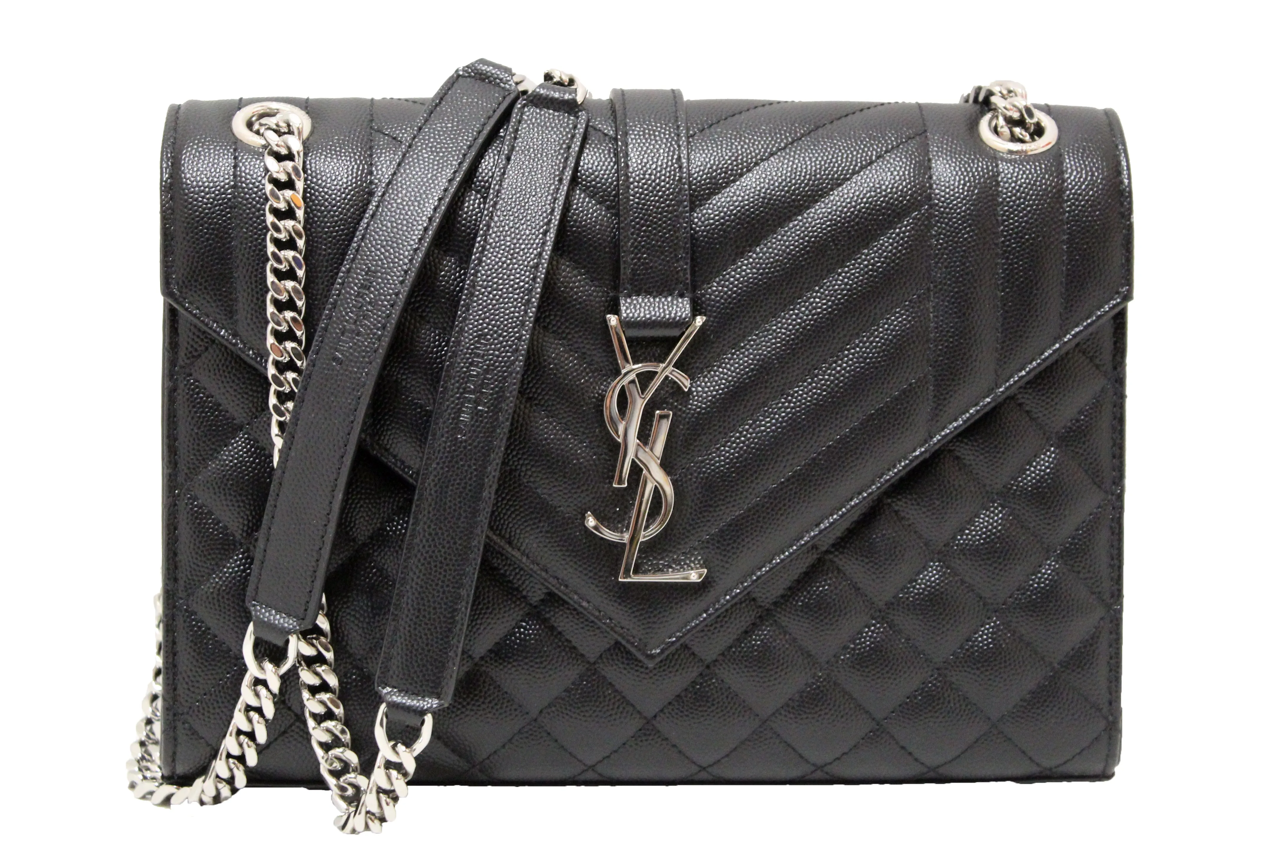 Authentic Saint Laurent Black Matelasse Grain De Poudre Embossed Leather Medium Envelope Bag