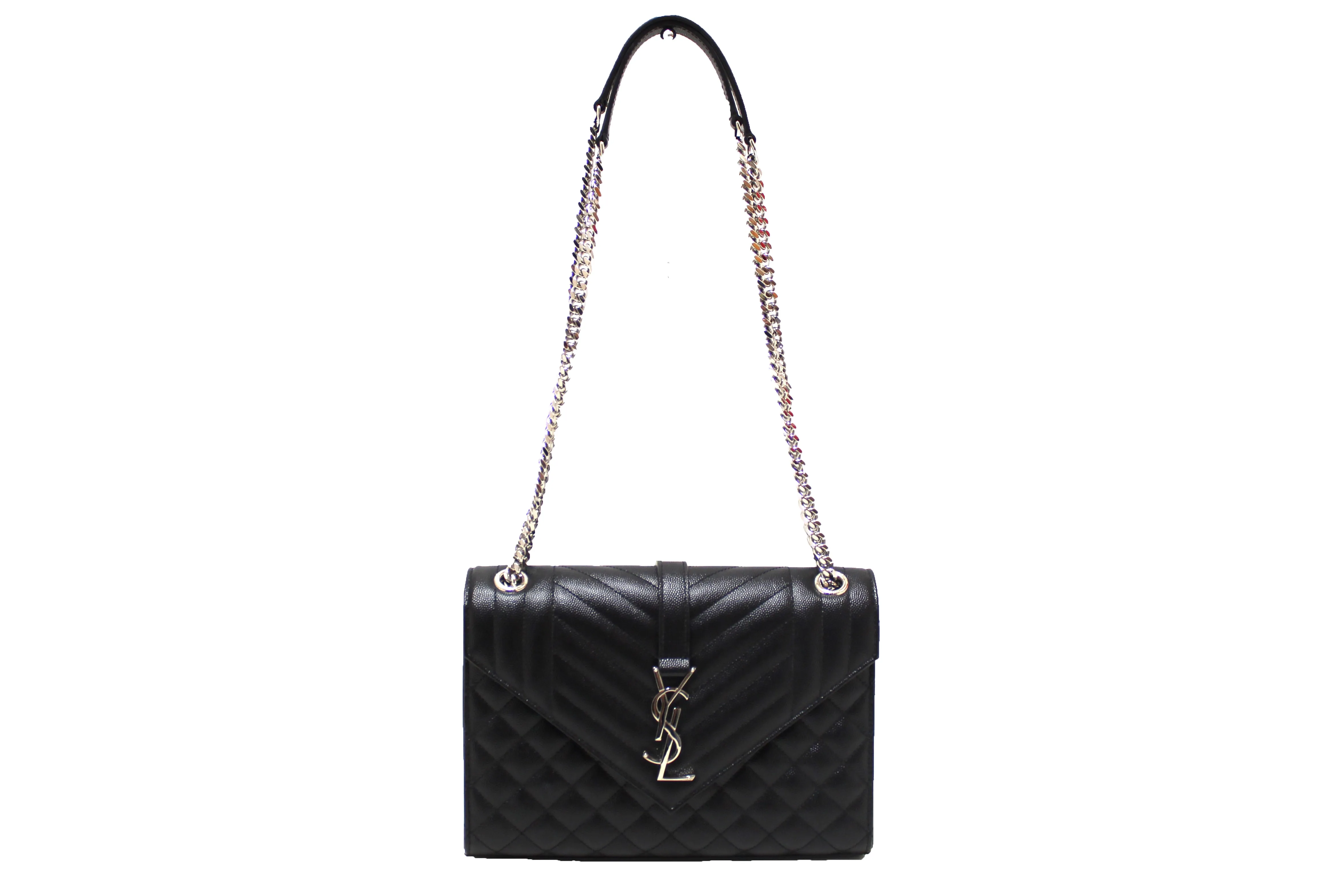 Authentic Saint Laurent Black Matelasse Grain De Poudre Embossed Leather Medium Envelope Bag