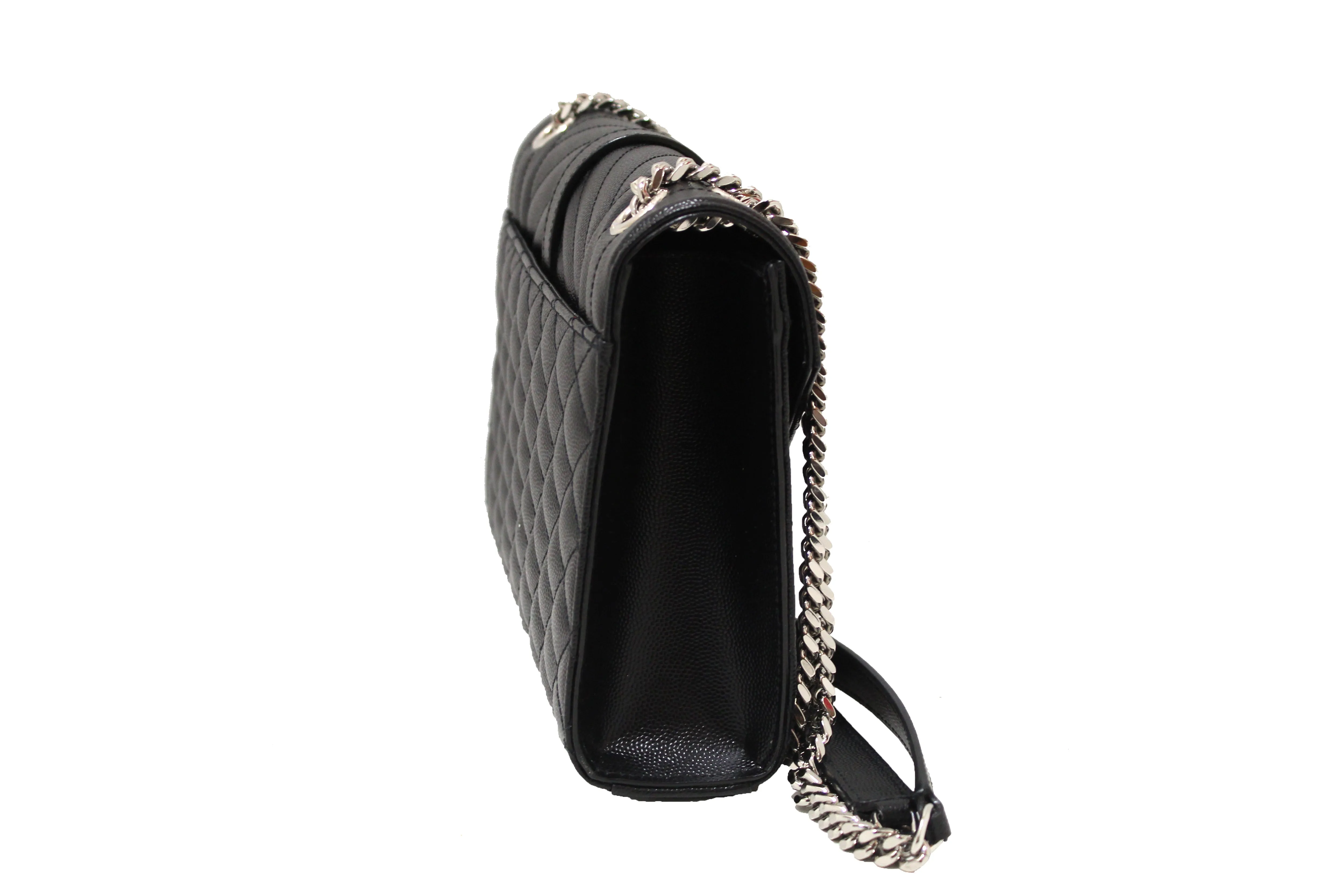 Authentic Saint Laurent Black Matelasse Grain De Poudre Embossed Leather Medium Envelope Bag