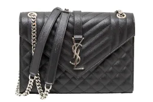 Authentic Saint Laurent Black Matelasse Grain De Poudre Embossed Leather Medium Envelope Bag