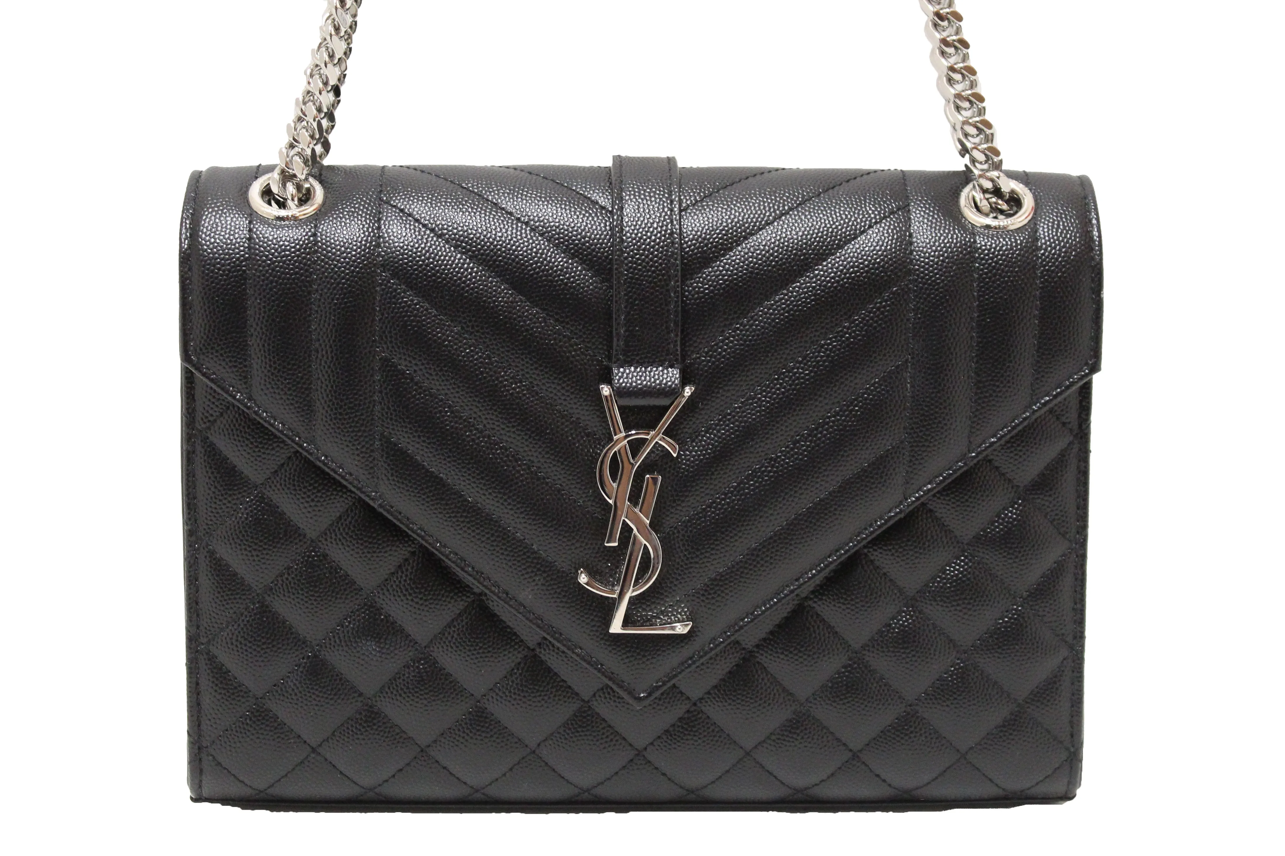 Authentic Saint Laurent Black Matelasse Grain De Poudre Embossed Leather Medium Envelope Bag