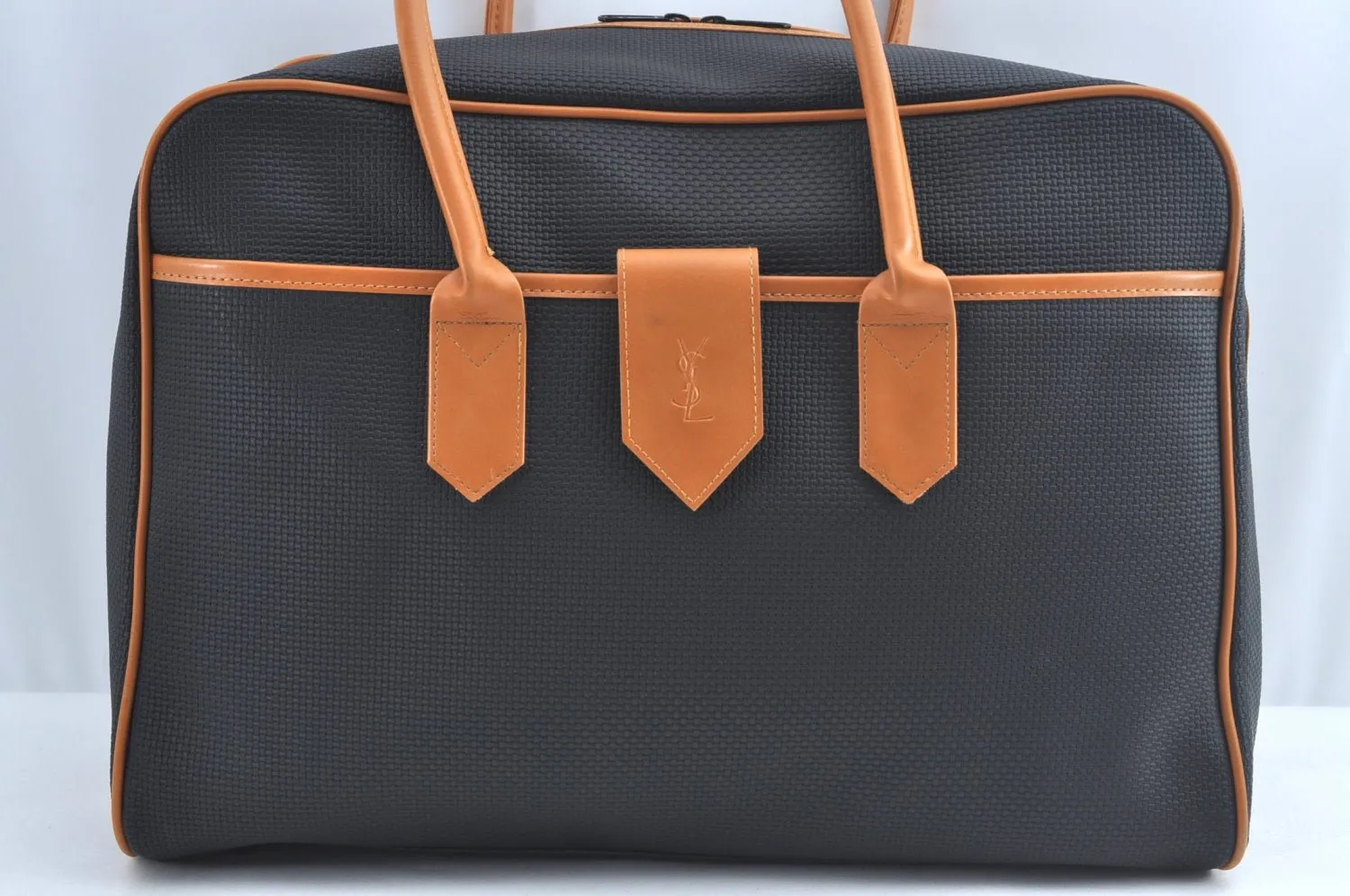 Authentic YVES SAINT LAURENT Vintage Travel Boston Bag PVC Leather Black 7632I
