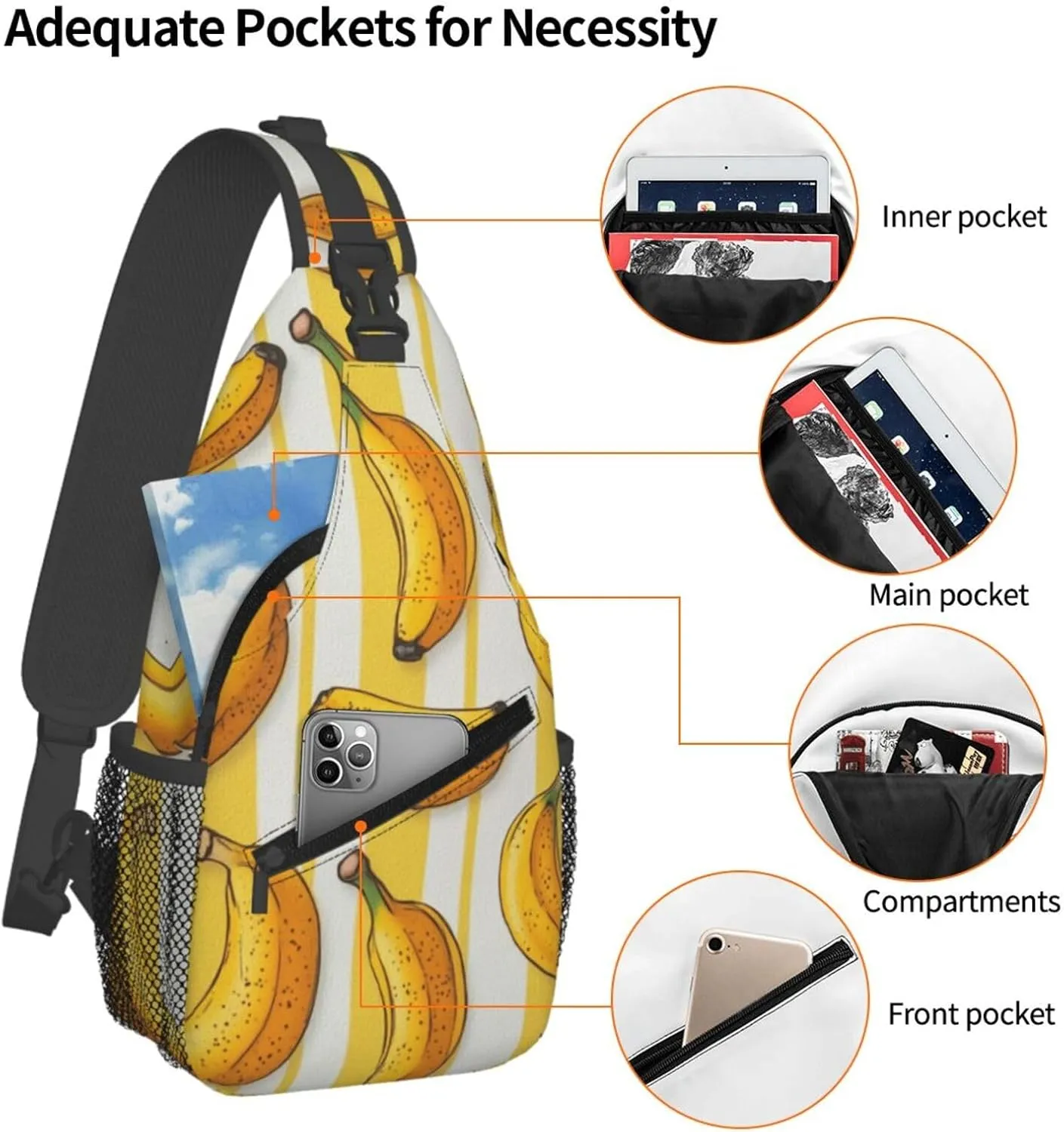 Banana Print Sling Bag Crossbody Shoulder Backpack Chest Bags Gym Travel Hiking Casual Daypack