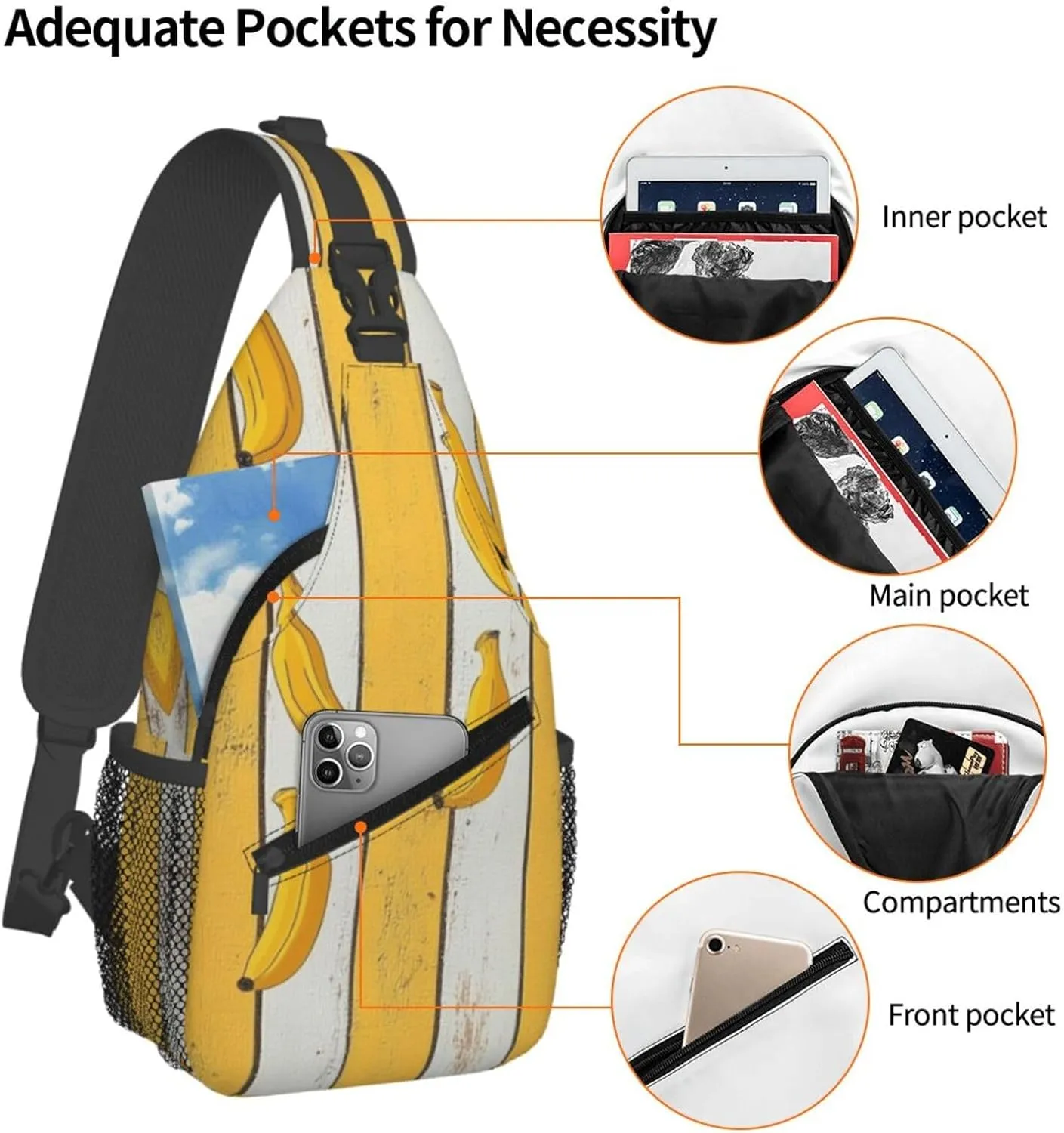 Banana Print Sling Bag Crossbody Shoulder Backpack Chest Bags Gym Travel Hiking Casual Daypack