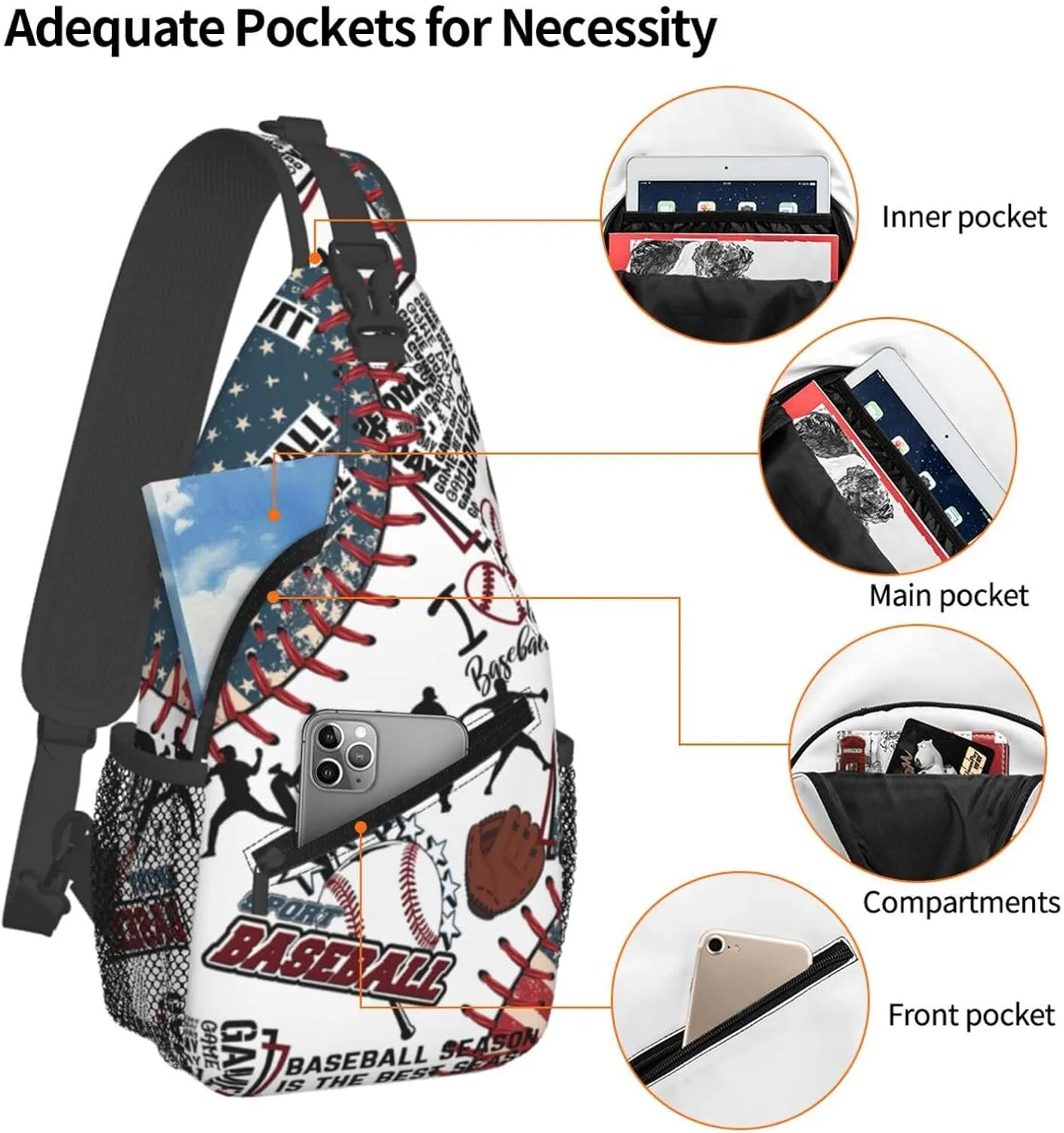 Baseball Print Sling Bag Crossbody Chest Backpack Sport Shoulder Bag Casual Daypacks