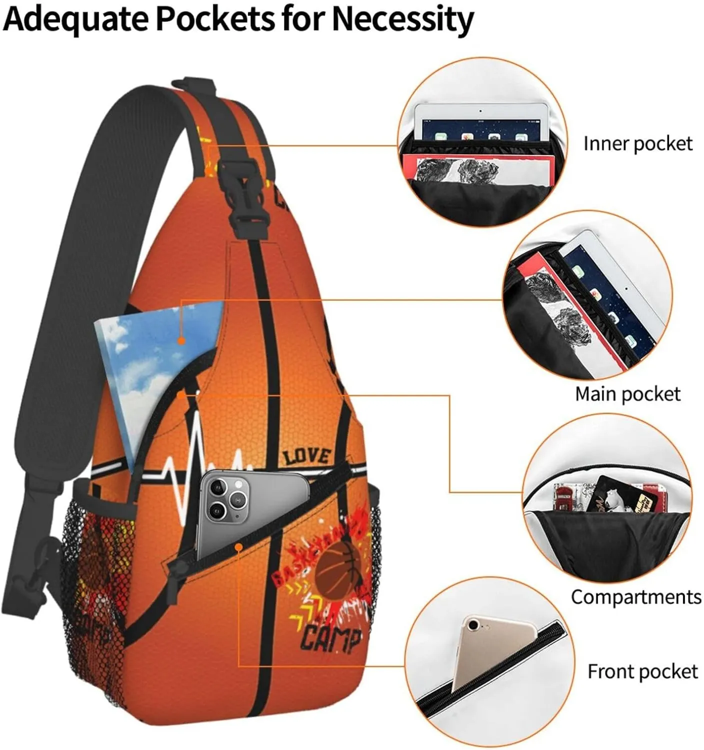 Basketball Print Sling Bag Crossbody Chest Backpack Sport Shoulder Bag Casual Daypacks