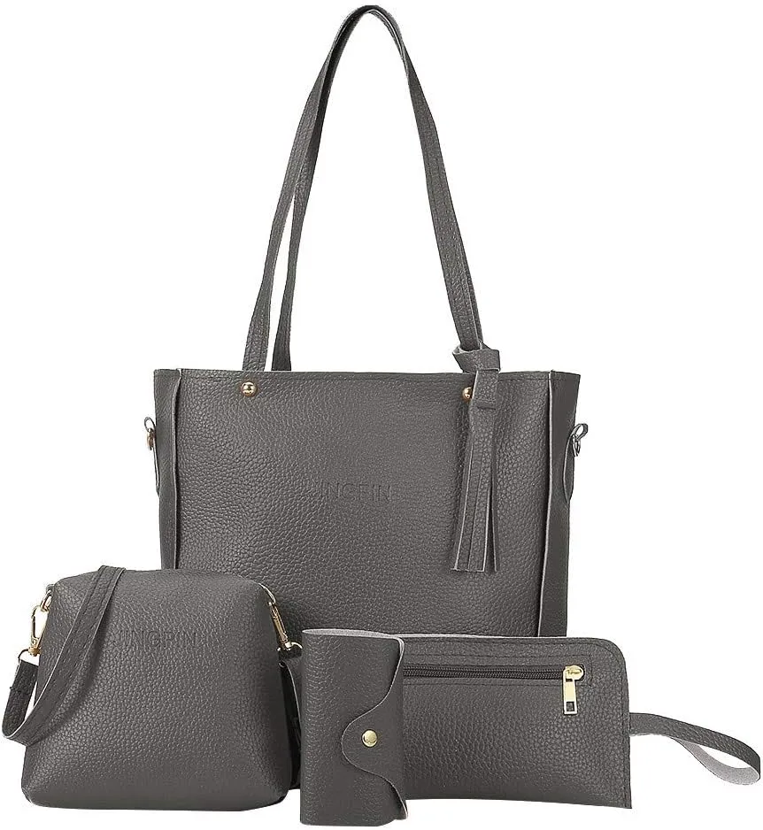 Beach Tote Bag 4 Packet Leather Solid Color Handbags Shoulder Bags Crossbody Hobo Bags Card Purse Work Travel Essential A