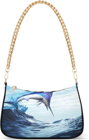 Beautiful Blue Marlin Fish Ocea Shoulder Handbags for Women Travel Hobo Tote Handbag Women Gold Chain Shoulder Bags Purse with Zipper Closure