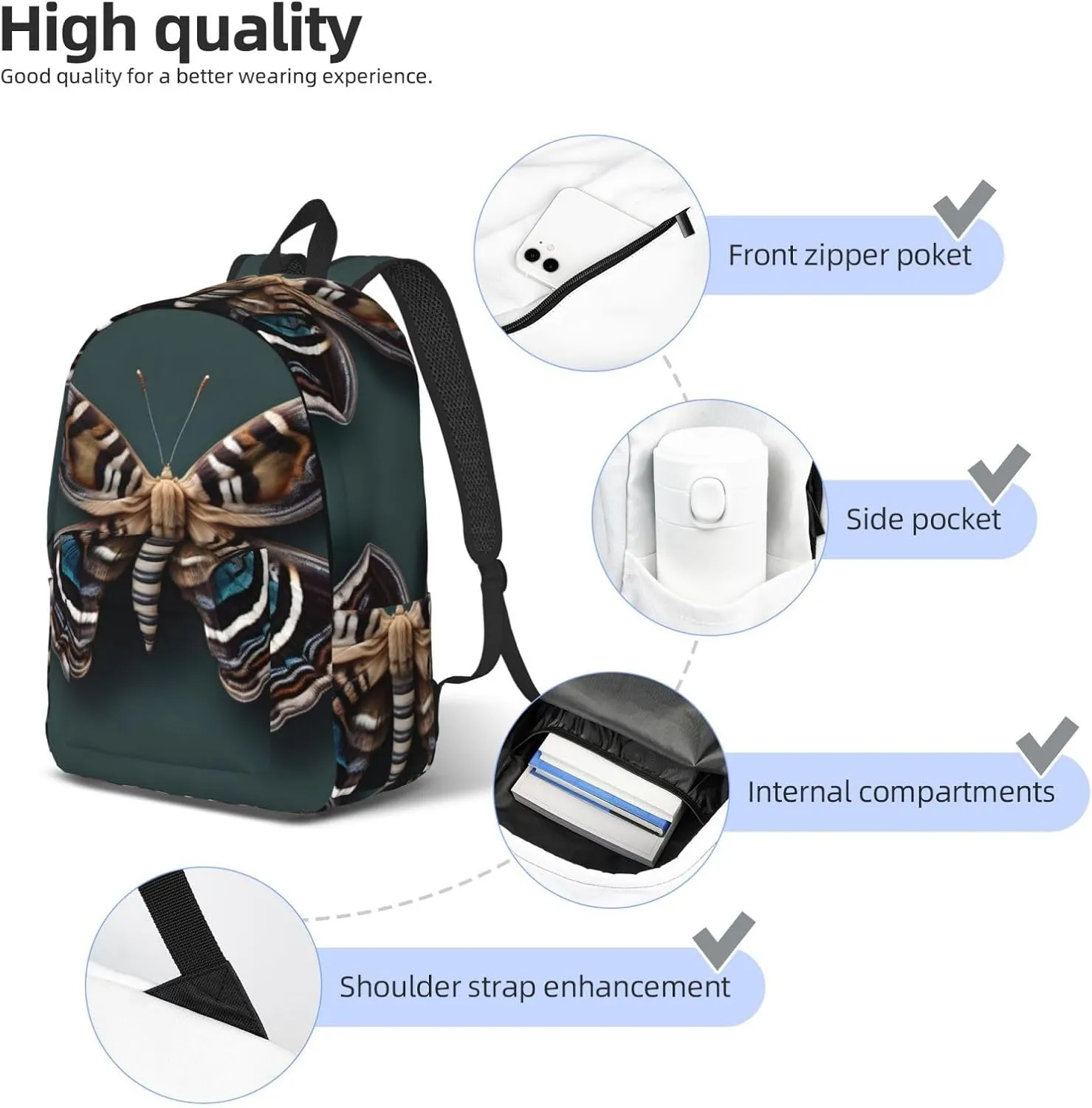 Beautiful Moth Print Canvas Backpack Women,Mens Travel Casual Daypack Bookbag For Laptop Work Travel Hiking
