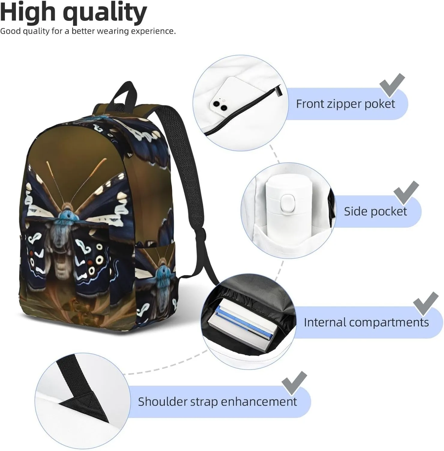 Beautiful Moth Wings Print Canvas Backpack Women,Mens Travel Casual Daypack Bookbag For Laptop Work Travel Hiking