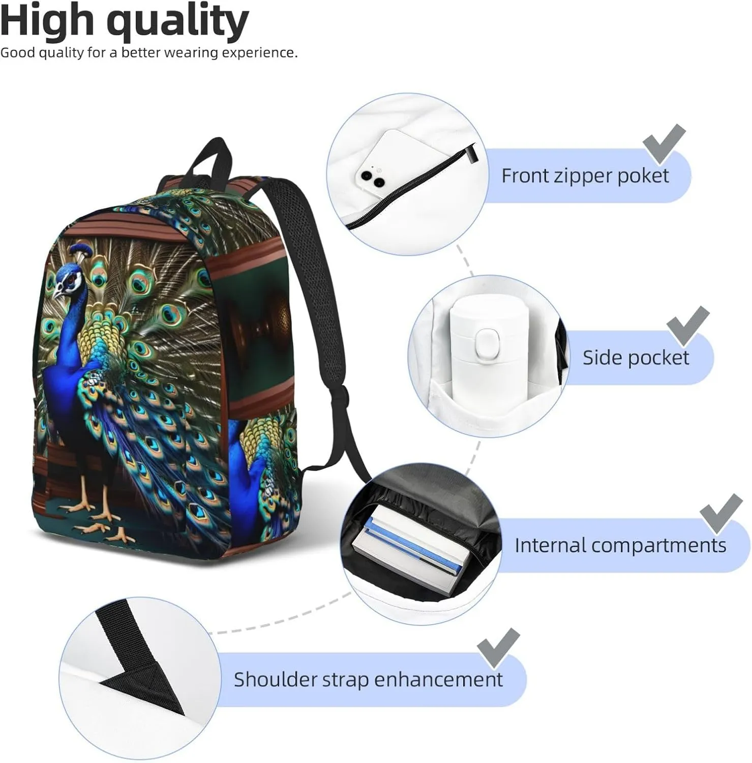 Beautiful Peacock Picture Print Canvas Backpack Women,Mens Travel Casual Daypack Bookbag For Laptop Work Travel Hiking