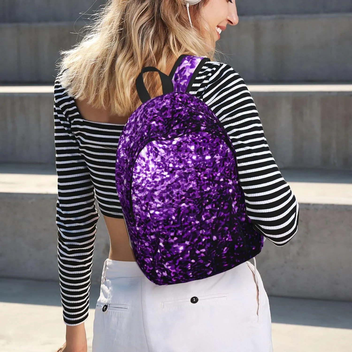 Beautiful Purple Glitter Print Canvas Backpack Women,Mens Travel Casual Daypack Bookbag For Laptop Work Travel Hiking